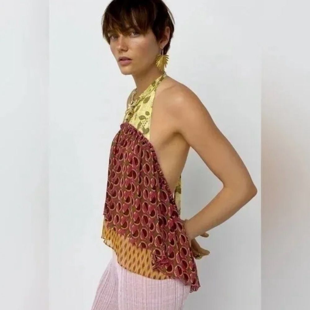 Zara NWT Red & Yellow Patterned Halter Blouse